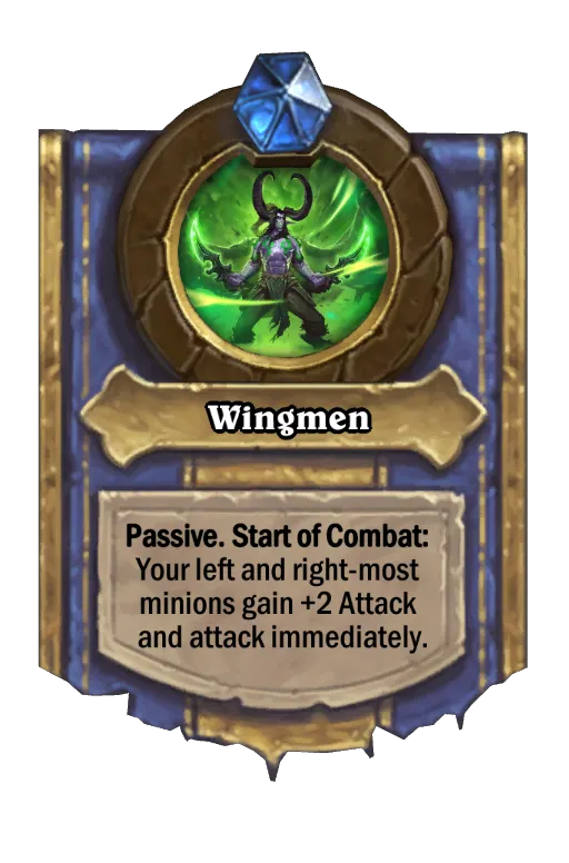 Passive. Start of Combat: Your left and right-most minions gain +2/+1 and attack immediately.