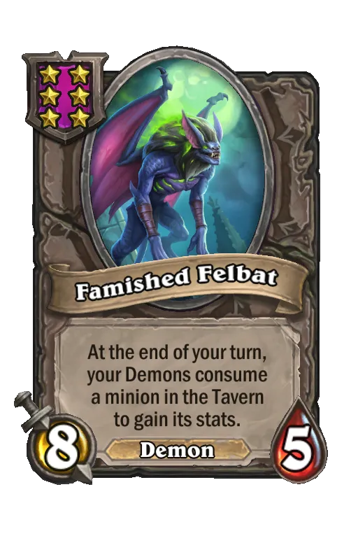 Card text: At the end of your turn, your Demons consume a minion in Bob's Tavern to gain its stats.