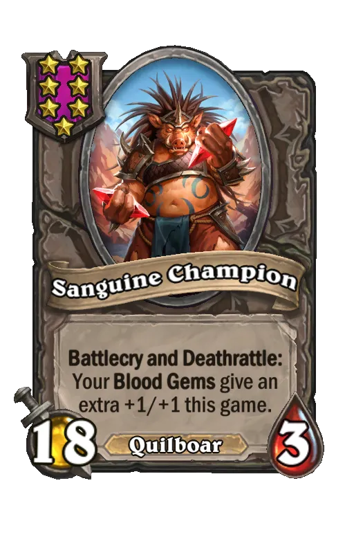 Card text: Battlecry and Deathrattle: Your Blood Gems give an extra +1/+1 this game.