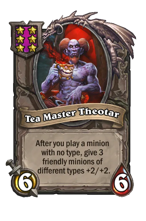Card text: After you play a minion with no minion type, give 3 friendly minions of different types +2/+2.