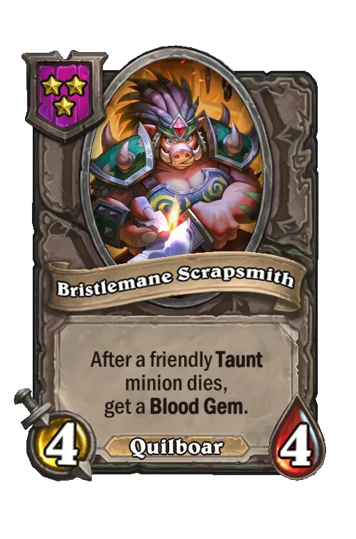 Card text: After a friendly Taunt minion dies, get a Blood Gem.