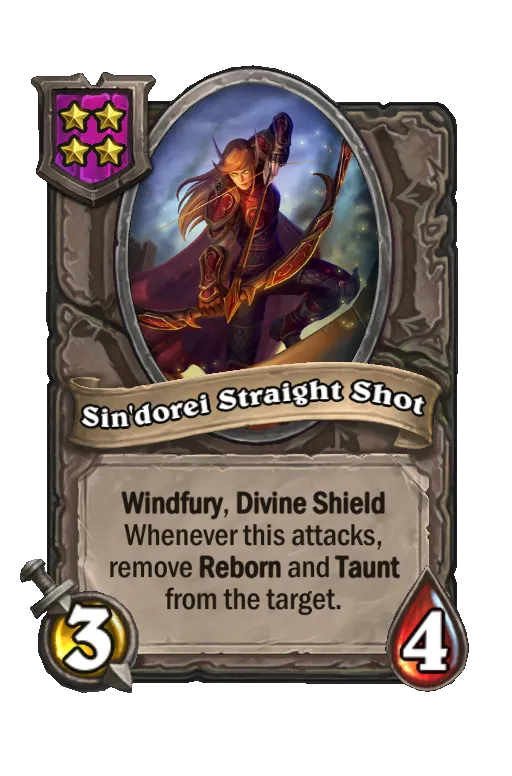 Card text: Windfury. Divine Shield. Whenever this attacks, remove Reborn and Taunt from the target.