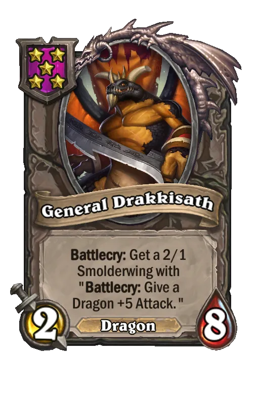 Card text: Battlecry: Add a 2/1 Smolderwing to your hand that gives another Dragon +5 Attack.