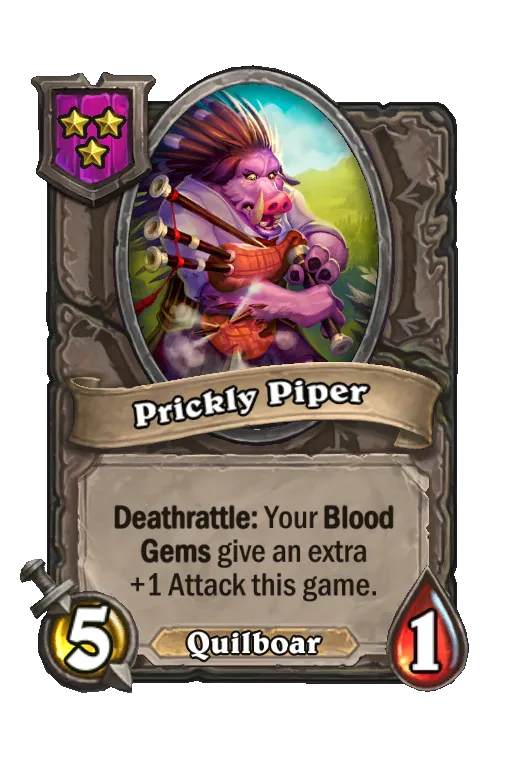 Card text: Deathrattle: For the rest of the game, your Blood Gems give an extra +1 Attack.