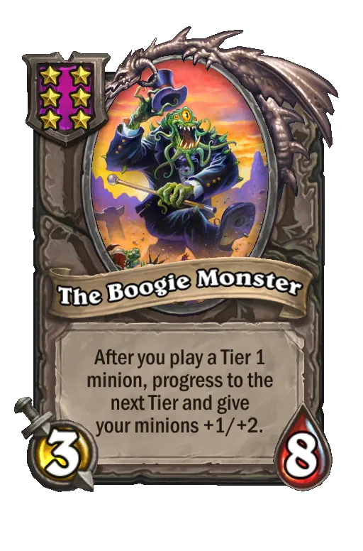 Card text: After you play a Tier 1 minion, progress to the next Tier and give your minions +1/+2.