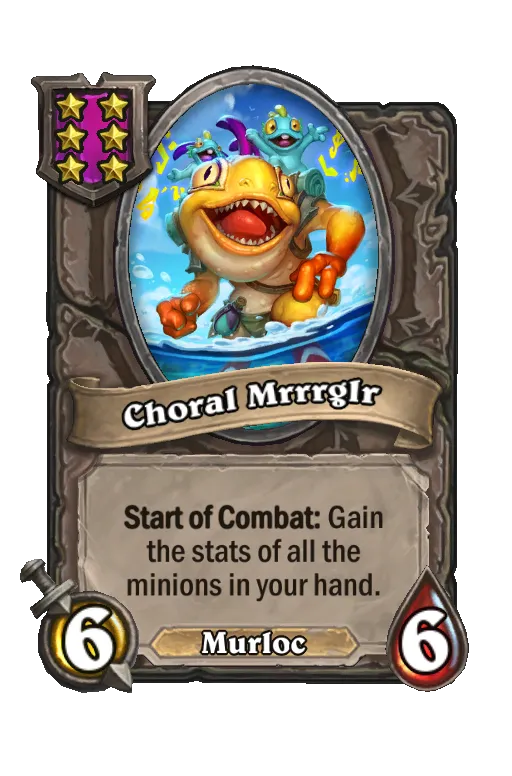 Card text: Start of Combat: Gain the stats of all the minions in your hand.