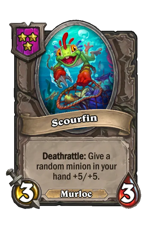 Card text: Deathrattle: Give a random minion in your hand +5/+5.