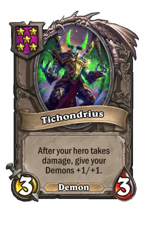 Card text: After your hero takes damage, give your Demons +1/+1.