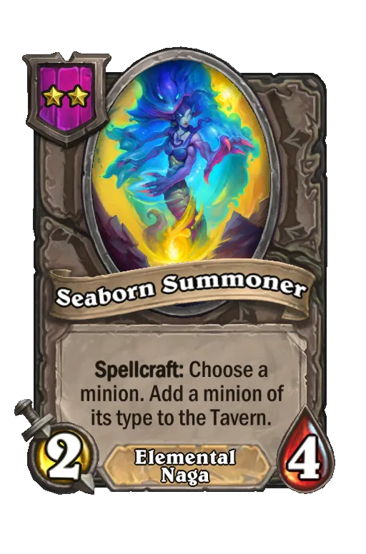 Card text: Spellcraft: Choose a minion. Add a minion of its type to the Tavern.
