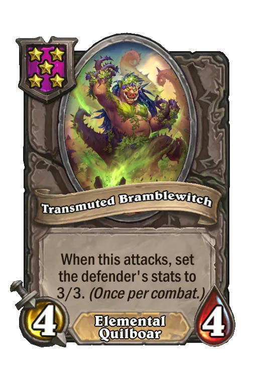 Card text: When this attacks, set the defender's stats to 3/3. (Once per combat).