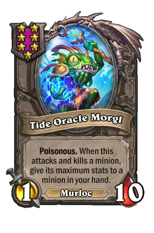 Card text: Poisonous. When this attacks and kills a minion, give its maximum stats to a minion in your hand.