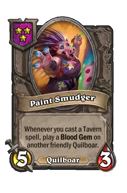 Card text: Whenever you cast a Tavern spell, play a Blood Gem on another friendly Quilboar.