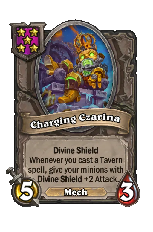 Card text: Divine Shield. Whenever you cast a Tavern spell, give your minions with Divine Shield +2 Attack.