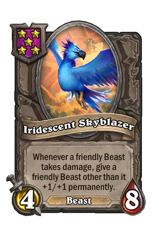 Card text: Whenever a friendly Beast takes damage, give a friendly Beast other than it +1/+1 permanently.