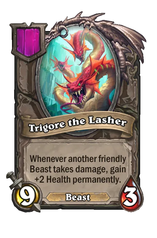 Card text: Whenever another friendly Beast takes damage, gain +2 Health permanently.