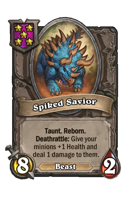 Card text: Taunt. Reborn. Deathrattle: Give your minions +1 Health and deal 1 damage to them.