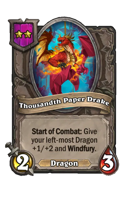 Card text: Start of Combat: Give your left-most Dragon +1/+2 and Windfury.