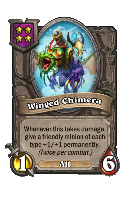 Card text: Whenever this takes damage, give a friendly minion of each type +1/+1 permanently (Twice per combat).