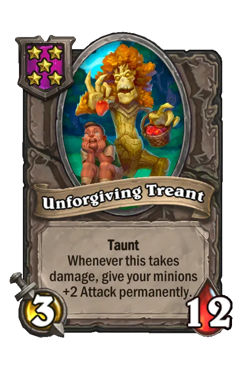Card text: Taunt. Whenever this takes damage, give your minions +2 Attack permanently. 