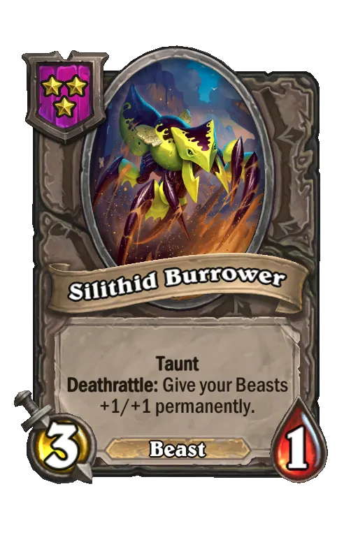 Card text: Taunt. Deathrattle: Give your Beasts +1/+1 permanently.