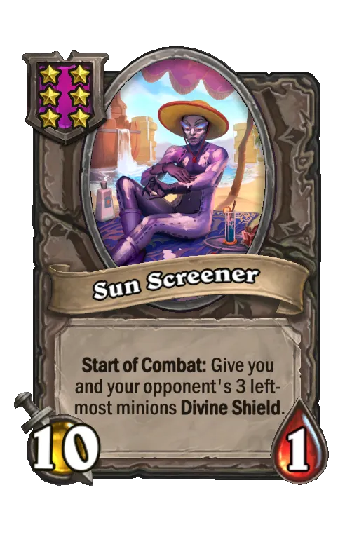 Card text: Start of Combat: Give you and your opponent's 3 left-most minions Divine Shield.