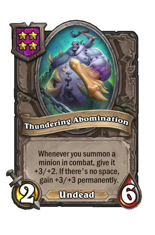 Card text: Whenever you summon a minion in combat, give it +3/+3. If there's no space, gain +3/+3 permanently.