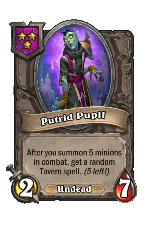 Card text: After you summon 5 minions in combat, get a random Tavern spell. (7 left!)