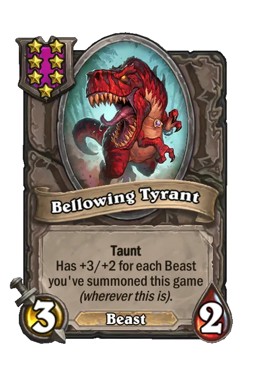 Card text: Taunt. Has +3/+2 for each Beast you've summoned this game (wherever this is).