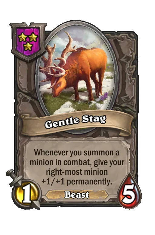 Card text: Whenever you summon a minion in combat, give your right-most minion +1/+1 permanently.