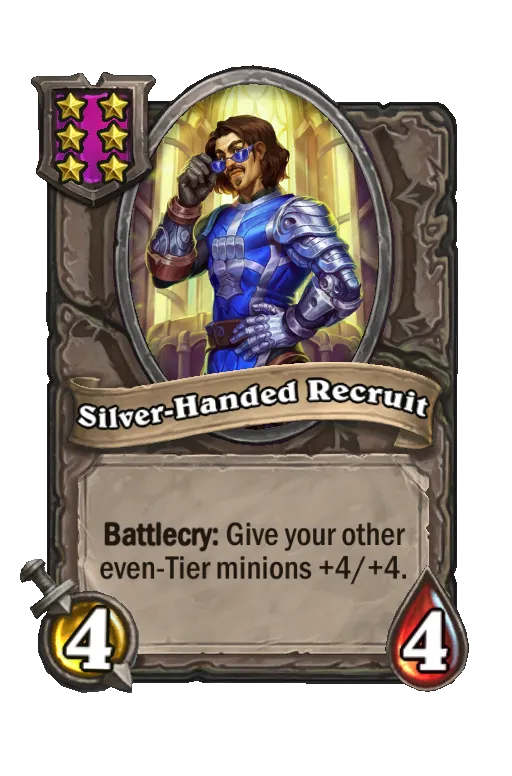 Card text: Battlecry: Give your other even-Tier minions +4/+4.