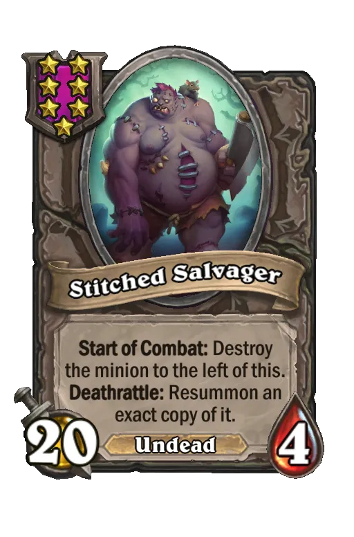 Card text: Start of Combat: Destroy the minion to the left of this. Deathrattle: Resummon an exact copy of it.