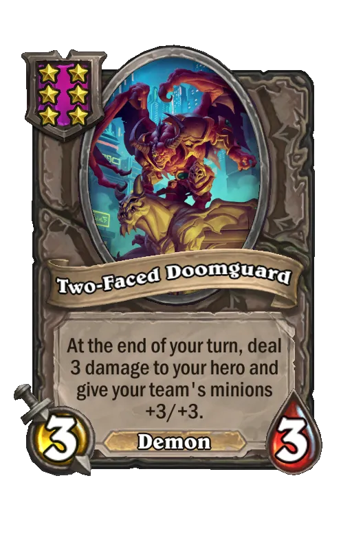 Card text: At the end of your turn, deal 3 damage to your hero and give your team's minions +3/+3.