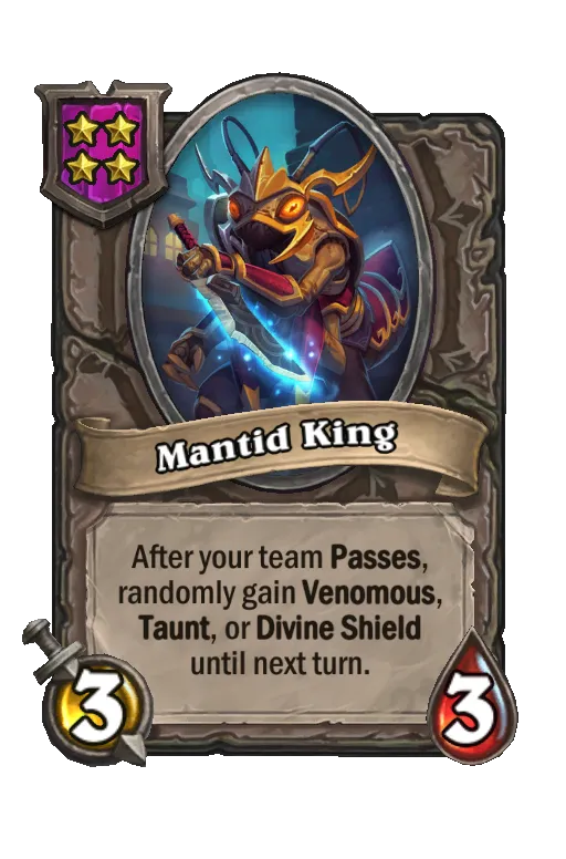 Card text: After your team Passes, randomly gain Venomous, Taunt, or Divine Shield until next turn.