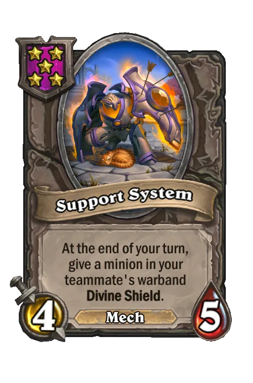 Card text: At the end of your turn, give a minion in your teammate's warband Divine Shield.
