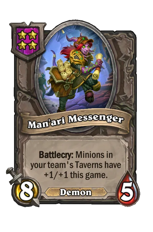 Card text: Battlecry: Minions in your team's Taverns have +1/+1 this game.