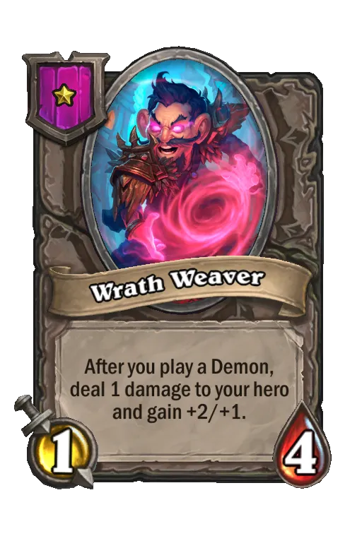 Card text: After you play a Demon, deal 1 damage to your hero and gain +2/+1.