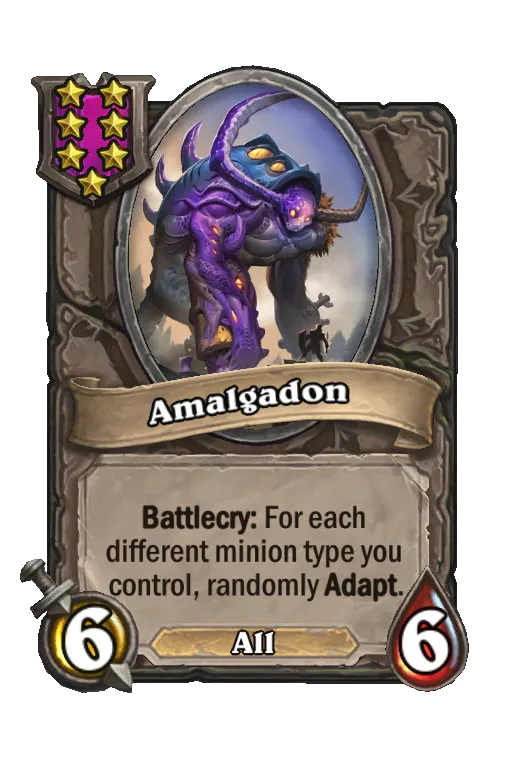 Card text: Battlecry: For each different minion type you control, randomly Adapt.
