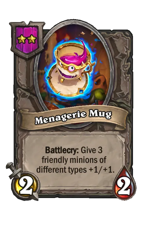 Card text: Battlecry: Give 3 random friendly minions of different minion types +1/+1.