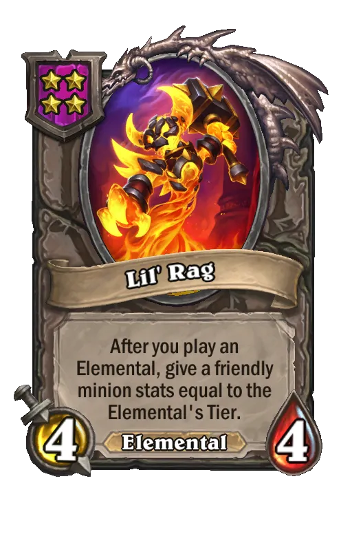 Card text: After you play an Elemental, give a friendly minion stats equal to the Elemental's Tavern Tier.