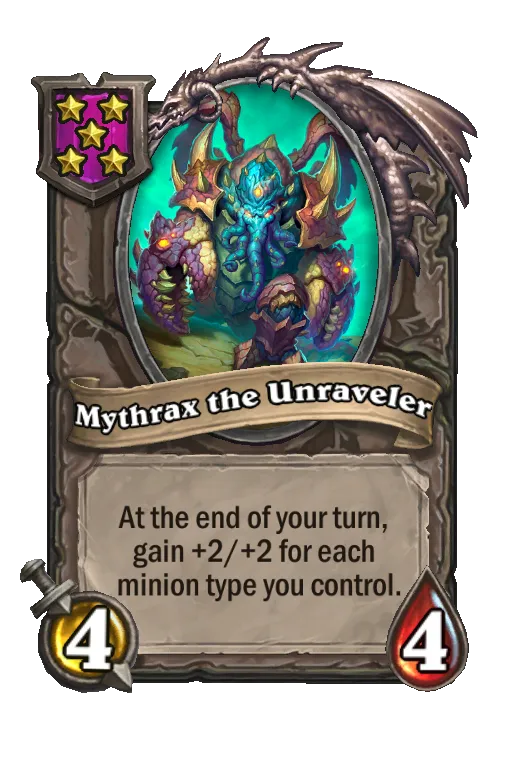 Card text: At the end of your turn, gain +2/+2 for each minion type you control.