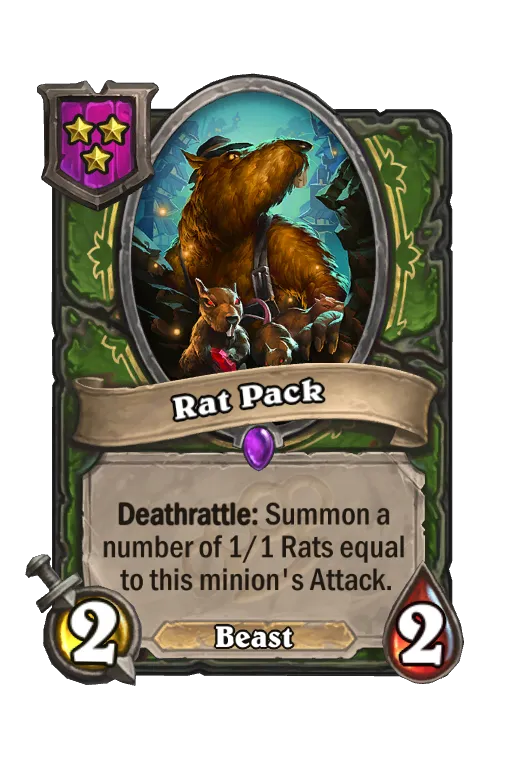 Card text: Deathrattle: Summon a number of 1/1 Rats equal  to this minion's Attack.